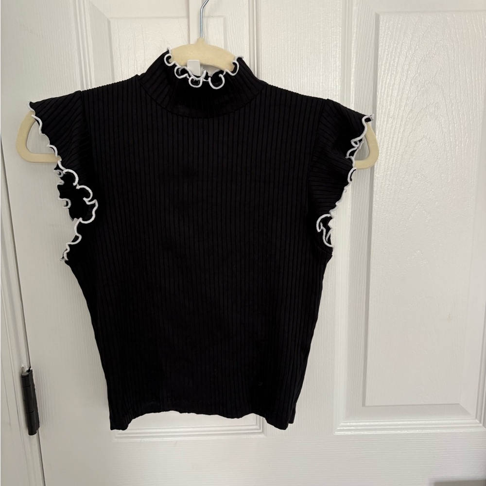 Zara Black Sleeveless Top with White Ruffle Trim